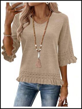 Womens Peplum Sweater V Neck 3/4 Ruffle Sleeve Pullover Top